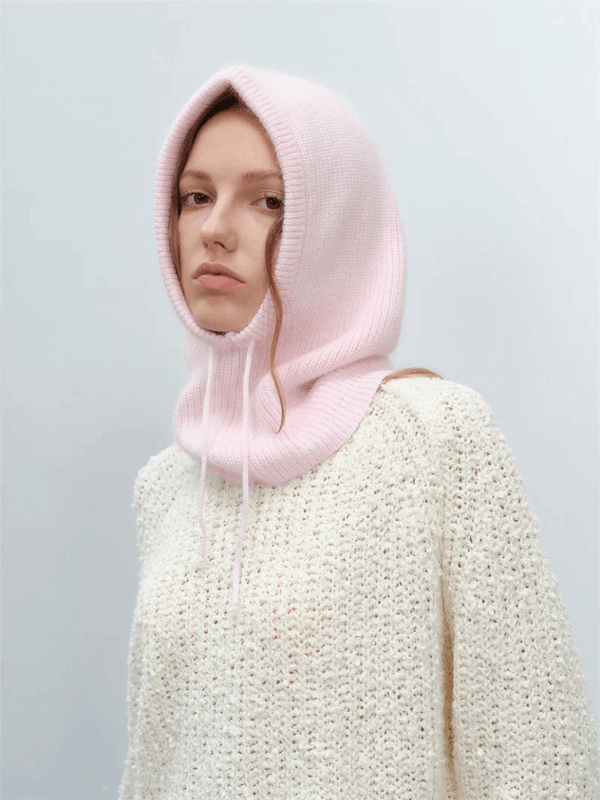 Women’s woman womens High quality ribbed Balaclava Rabbit fur Knitted Fashion Solid Cap Autumn Winter Hats Korean designer Warm Pullover Snood Hats in Pink