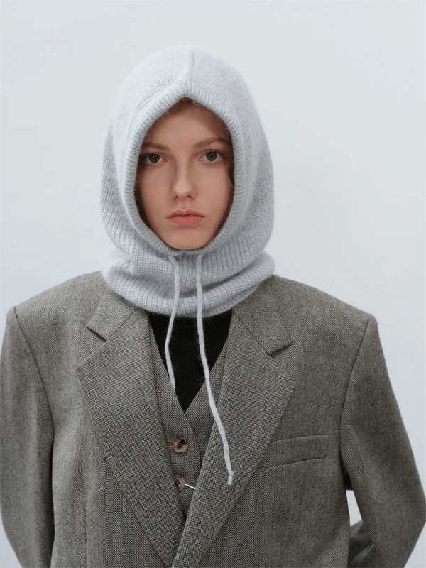 Women’s woman womens High quality ribbed Balaclava Rabbit fur Knitted Fashion Solid Cap Autumn Winter Hats Korean designer Warm Pullover Snood Hats in Gray grey