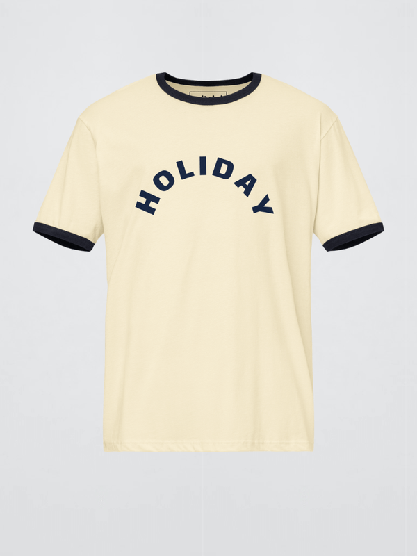Genflex gender neutral unisex Men’s man mens Women's woman womens petite-, tall-, plus-, size Casual miteigi crewneck short sleeves regular length cotton round o-neck HOLIDAY Letter print fashion tops Vacation getaway T-shirts in mustard yellow with black trim