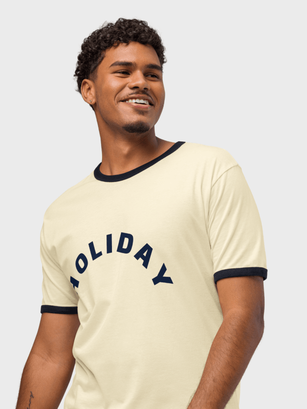 Genflex gender neutral unisex Men’s man mens Women's woman womens petite-, tall-, plus-, size Casual miteigi crewneck short sleeves regular length cotton round o-neck HOLIDAY Letter print fashion tops Vacation getaway T-shirts in mustard yellow with black trim