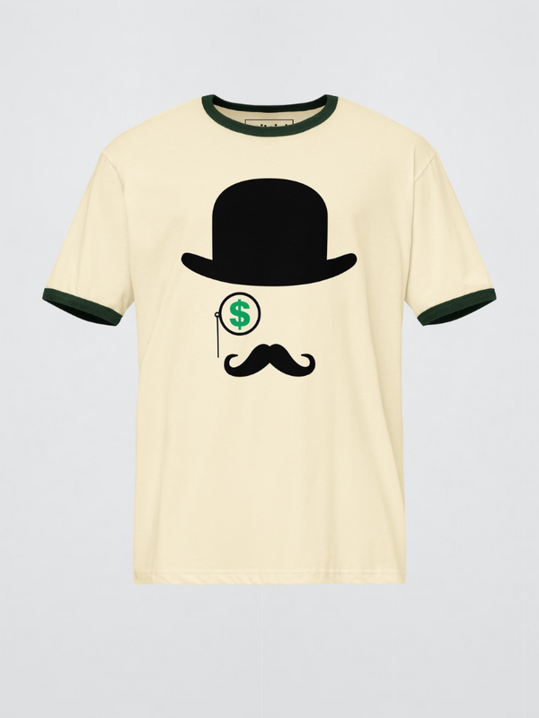 Genflex gender neutral unisex Men’s man mens Women's woman womens petite-, tall-, plus-, size Casual miteigi $ Dollar symbol Monocle Graphic crewneck short sleeves regular length cotton round o-neck fashion tops Vacation getaway T-shirts in Mustard Yellow, with Black trim