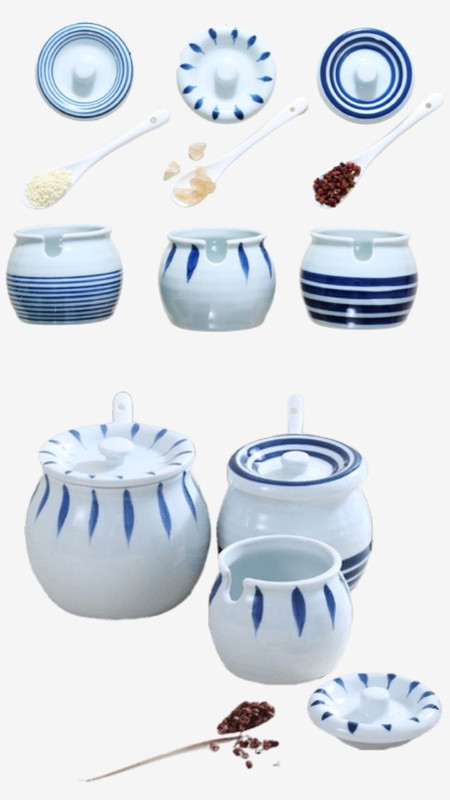 Japanese ceramic seasoning hand painted Japan condiments tableware with spoon pepper shakers pot oil salt and bottle box jars spices Salt Pigs Cellars & Servers Serveware Trending