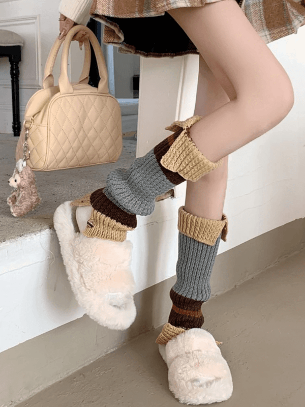 Women’s woman womens Autumn Fall Winter Japanese Style Y2K Sweet Lolita Color-blocking Vintage Long Slouch Pile-up Socks Leg Warmers Knitted Covers in multi- Gray grey