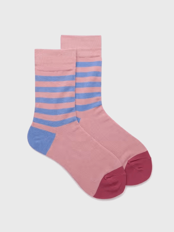 Genflex gender neutral unisex Men’s man mens Women’s woman womens Couples 1 Pair Cotton Spring Autumn Fall Winter multi stripe pattern Colorful EUR37-43 striped ankle crew socks in pastel Pink with blue stripes and red accent colors