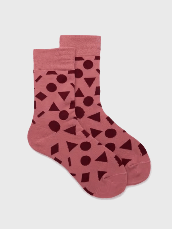 Genflex gender neutral unisex Men’s man mens Women’s woman womens Couples 1 Pair Cotton Spring Autumn Fall Winter multi geometric pattern Colorful EUR37-43 ankle crew socks in dusk Pink with burgundy red accent color