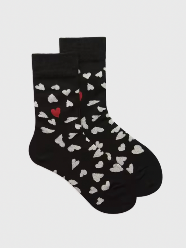 Genflex gender neutral unisex Men’s man mens Women’s woman womens Couples 1 Pair Cotton Spring Autumn Fall Winter multi color-block love heart pattern Colorful EUR37-43 ankle crew socks in black with white and red accent color