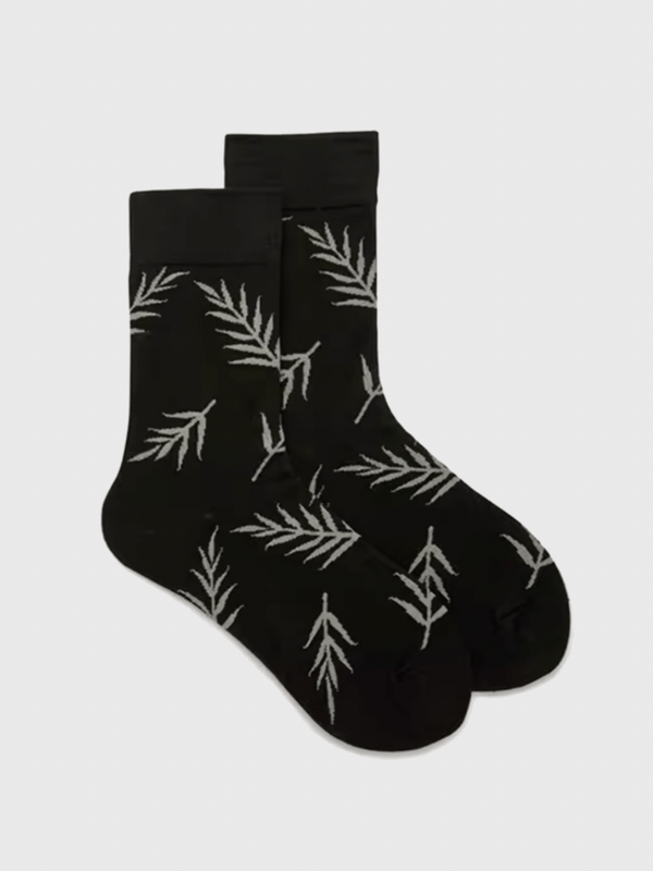Genflex gender neutral unisex Men’s man mens Women’s woman womens Couples 1 Pair Cotton Spring Autumn Fall Winter graphic fern leaf plant pattern Colorful EUR37-43 ankle crew socks in black with white accent color