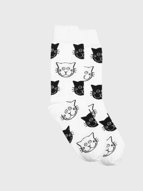 Genflex gender neutral unisex Men’s man mens Women’s woman womens Couples 1 Pair Anime kawaii Graphic Cotton Spring Autumn Fall Winter funny multi cartoon cat animal pattern Colorful EUR37-43 ankle crew socks in white with black accent color