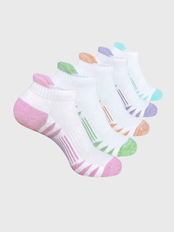 Genflex gender neutral genderful Unisex Men’s man mens Women’s woman womens 5 pairs of plus size mesh breathable running thin Sports fitness activewear flip easy heal lip grab helper aid ankle crew socks In multicolor rainbow colour 5-Pairs (5-Pack)
