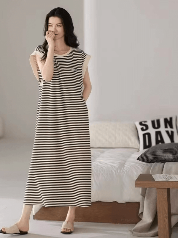Women's woman womens tall-, plus-, size PJ Pure Cotton crewneck Summer Sleeveless Vest round O-neck Long Pajamas Home Clothes Korean Version striped Nightgowns crew neck Tops Loungewear Robes Maxi Dresses in beige multi brown stripes