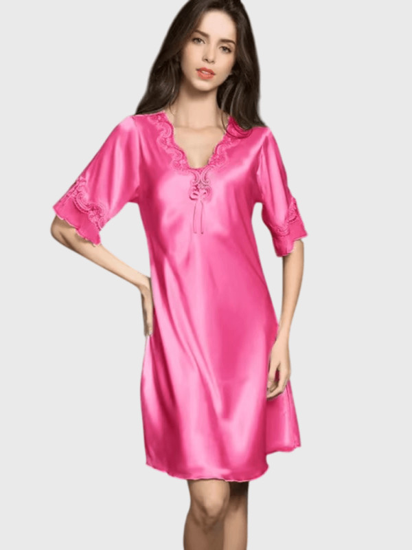 Women’s woman womens tall-, plus-, size Elegant Lace-Trim PJ Pajamas Ice Silk Nightdress Mid-sleeve knee-length Home Wear Loungewear dresses Nightgowns in rose pink