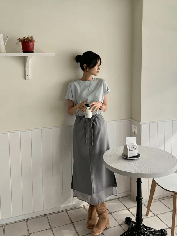 Women's cottage country style solid Color Double Layer Chiffon Summer high-rise waist Small elasticated drawcord bow-tie up Design Sense Side Slit skirts in Gray grey