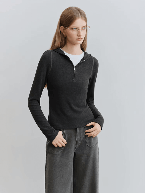 Women’s woman womens Petite size Autumn Winter Korean Style Hooded Long Sleeves Casual Comfort Fit v-neck partial zipper Pullover Top T-Shirts in charcoal dark Gray grey