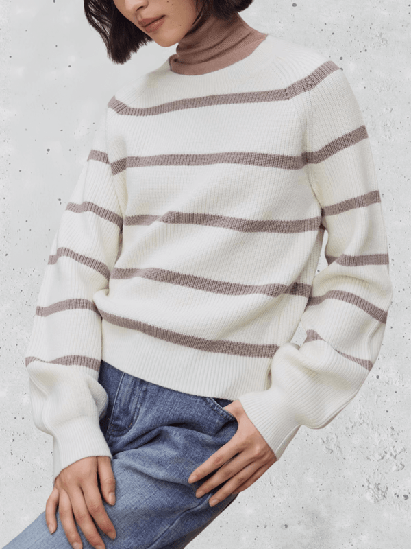 Women’s woman womens petite-, tall-, size Crewneck 9.7% Sheep Wool Striped Warm Pullover Knitted Round O-Neck long sleeves stripes Autumn Winter Design Chic Tops Crew neck sweaters in beige with light coffee brown accent