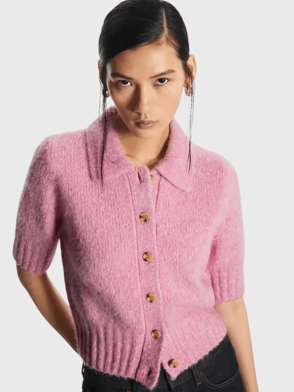 Women’s woman womens petite-, tall-, size winter style of Ladies' casual ribbed style turn-down collar button-up short-sleeves wool blend cropped rib hem cardigans in pink