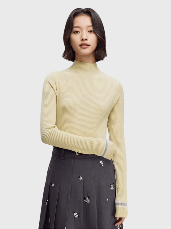 Women's woman womens petite-, tall-, plus-size Half Turtleneck Pullovers All-match Autumn and Winter Slim Fit Knitted long sleeves ribbed Tops Cozy mockneck Sweaters in light pastel yellow with Gray grey, white accent colors