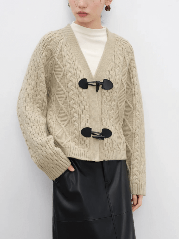 Women’s woman womens petite-, tall-, plus-, size Cable-knit woolen v-neck long sleeves ribbed cuffs and hem Cardigans with toggle cowl button close in khaki light beige