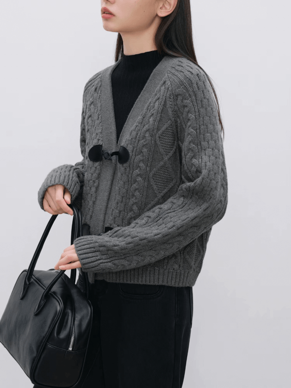 Women’s woman womens petite-, tall-, plus-, size Cable-knit woolen v-neck long sleeves ribbed cuffs and hem Cardigans with toggle cowl button close in Dark Gray grey