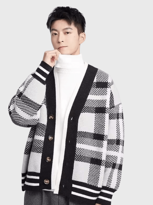 Men’s man mens petite-, tall-, plus-, size Classic Loose fit, thick cotton-blend knit long sleeves v-neck button-up Korean style plaid cardigans in black With white