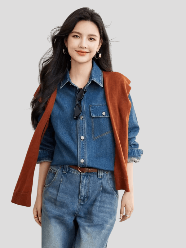 Women’s woman womens petite-, tall-, plus-, size casual Korean long sleeves turn-down collar button-up flap button close patch pocket blouse office work wear Female Autumn Fall Winter Clothing Vintage style Tops Denim Shirts in blue