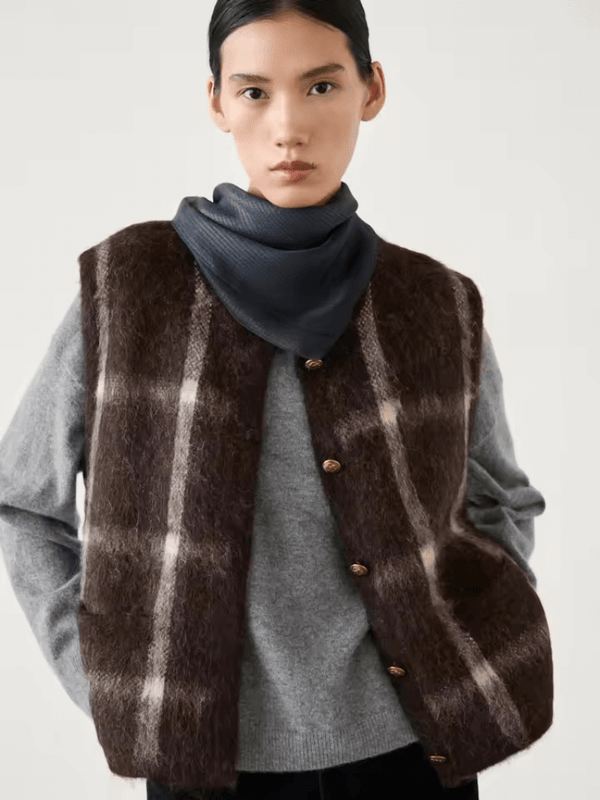Women’s woman womens petite-, tall-, size casual Argyle fashion checkered plaid sleeveless round-neck knitted sweater vest in multi Brown color button front vests