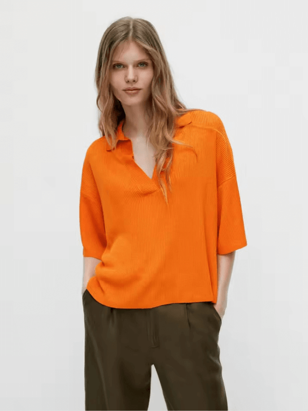 Women’s woman womens petite-, tall-, plus-, size summer style of Ladies' casual and fashionable loose-fit short-sleeves ribbed turn-down polo collar shirt T-shirts in orange