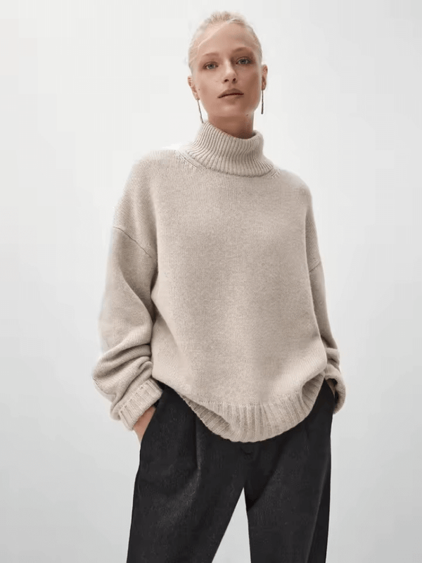 Women’s woman womens petite-, tall-, plus-, size Autumn Fall Winter Casual turtleneck long-sleeves elbow patch trim ribbed cuffs and hem top sweaters knitwear In light beige brown
