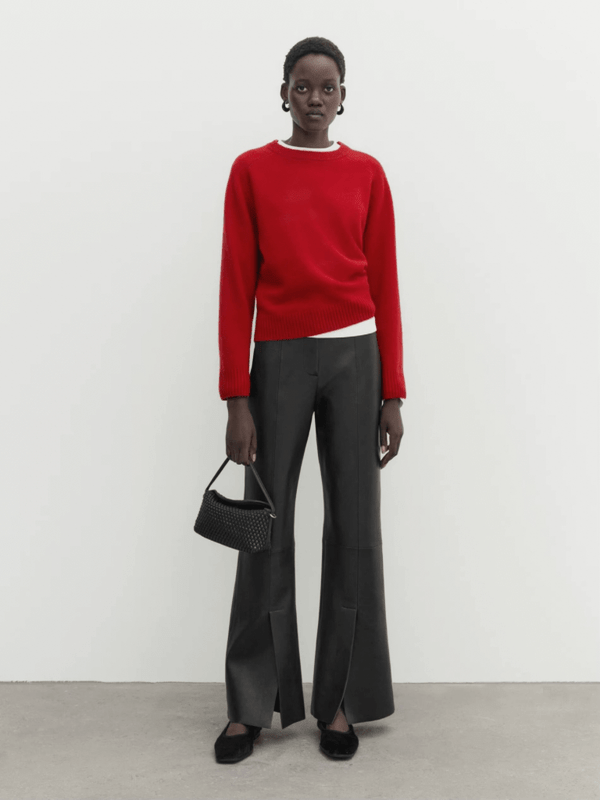 Women’s woman womens petite-, tall-, plus-, size  autumn fall winter Casual crewneck with ribbed neckline minimalist bright wool blend long-sleeves with rib band cuffs crew-neck top round o-neck ribbed hem sweaters in red