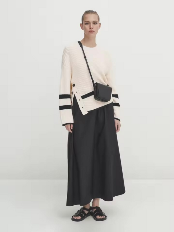 Women’s woman womens petite-, tall-, plus-, size Casual Irregular French look striped side button split knit long-sleeves with dropped shoulders  ribbed sweaters in white with black accent