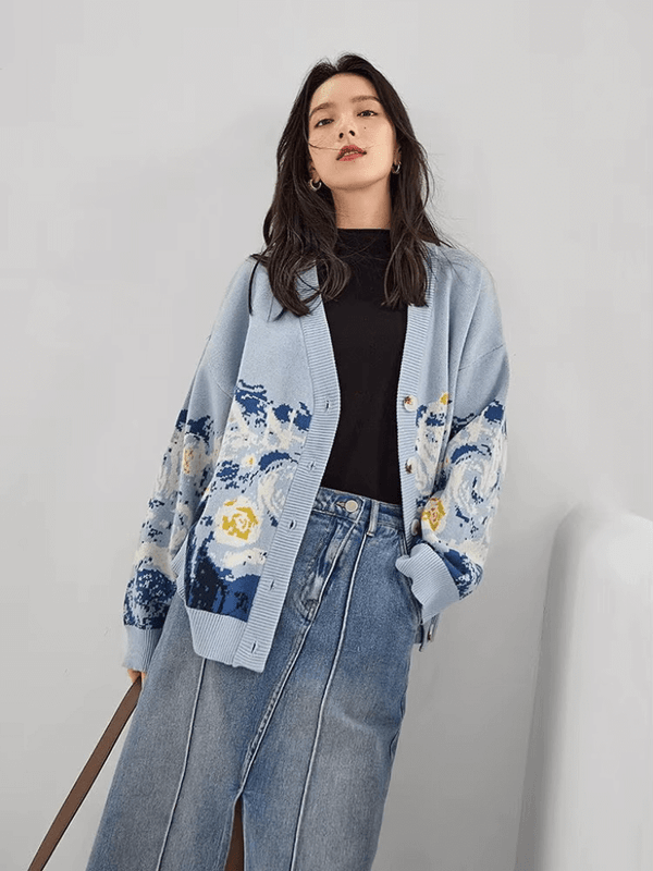 Women’s woman womens Classic French look Art Retro Lazy Style Van Gogh Knitted Sweater Autumn Fall Winter High-end Knitted long-sleeves button-up close v-neck ribbed graphic pattern Top V-Neck Chunky Cardigans in blue with multi