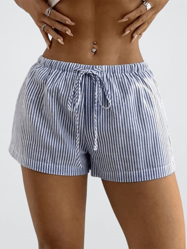Women’s woman womens Low Rise Striped Short for Summer Drawstring drawcord Elastic Waist Beach Clothes Streetwear in light blue stripes Shorts