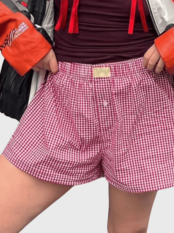 Women’s woman womens petite-, tall-, plus-, size Gingham mid rise waist button PJ Boxer for Women Teen-girls Elastic Waistband Pull-on Plaid checkered Outfit Casual Lounge wear Summer Shorts in Red stripes
