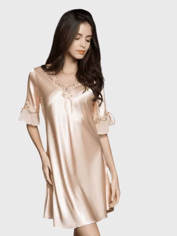 Women’s woman womens tall-, plus-, size Elegant Lace-Trim PJ Pajamas Ice Silk Nightdress Mid-sleeve knee-length Home Wear Loungewear dresses Nightgowns in champagne beige color