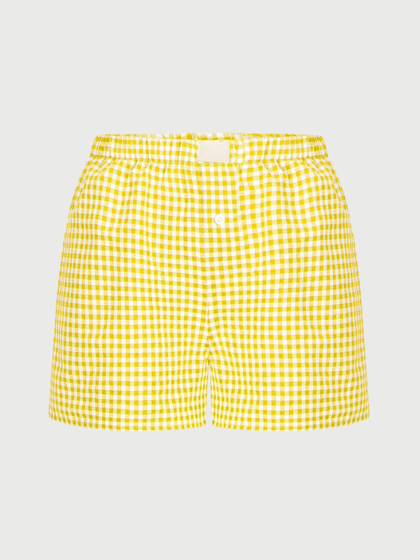 Women’s woman womens petite-, tall-, plus-, size Gingham mid rise waist button PJ Boxer for Women Teen-girls Elastic Waistband Pull-on Plaid checkered Outfit Casual Lounge wear Summer Shorts in yellow stripes
