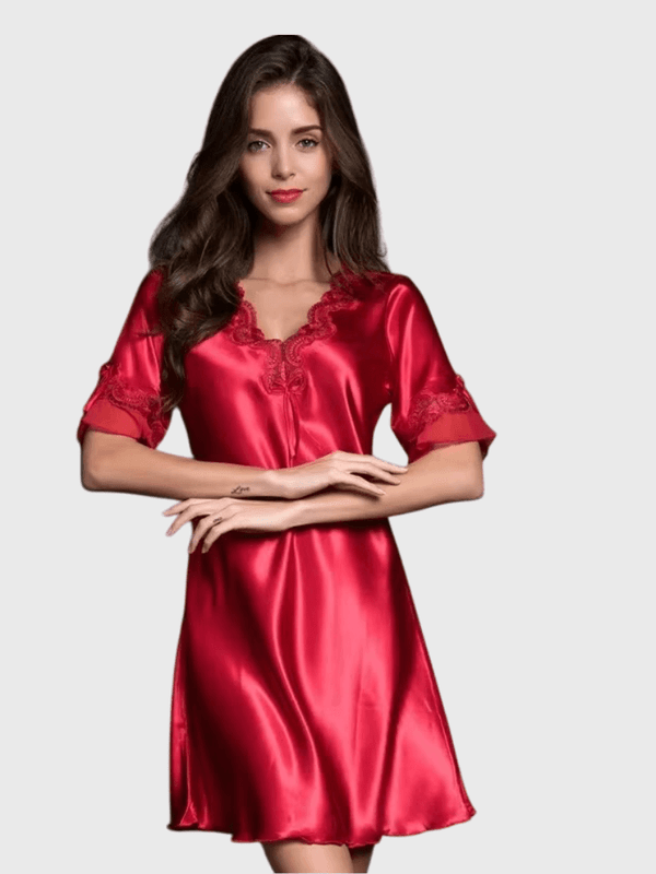 Women’s woman womens tall-, plus-, size Elegant Lace-Trim PJ Pajamas Ice Silk Nightdress Mid-sleeve knee-length Home Wear Loungewear dresses Nightgowns in red color