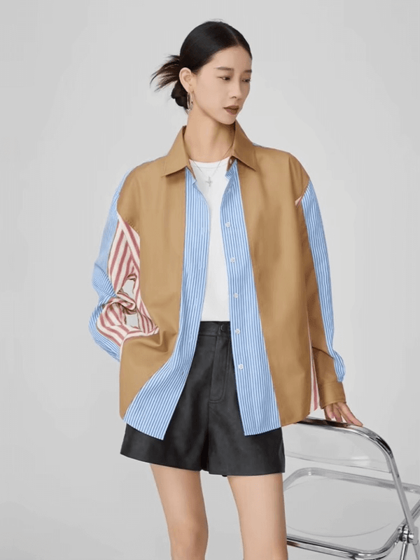 Women’s woman womens petite-, tall-, plus-, size Loose Fit Colorblock striped, Casual turn-down collar Long Sleeves with dropped shoulders Button-up blouse, Oversized Mid-Length Patchwork stripes Top Shirts in blue with light brown multi color