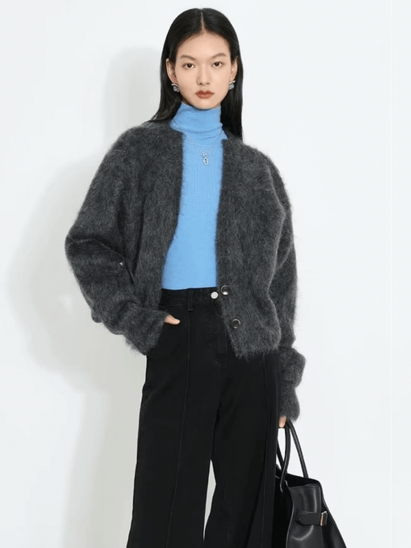 Women’s woman womens Solid cotton-blend Sweater Casual V-Neck Long Sleeves Single Breasted button-up close Knitted Jumpers Fashion Autumn Fall Winter cardigans in Dark Gray grey