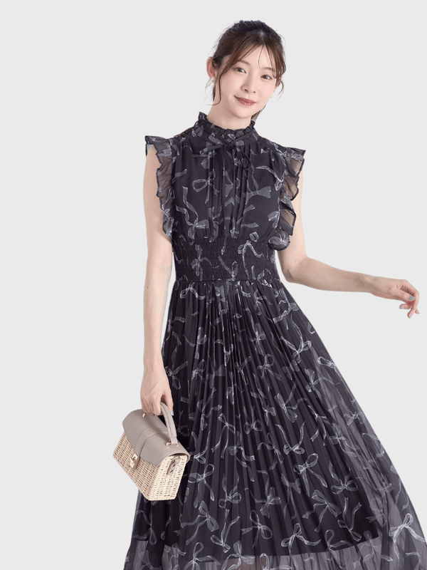 Women’s woman womens Elegant Japanese Summer High rise Waist Pleated flowers print pattern Knot ruffles sleeveless ruffled Second Generation z floral pleats midi dresses in black with accent color