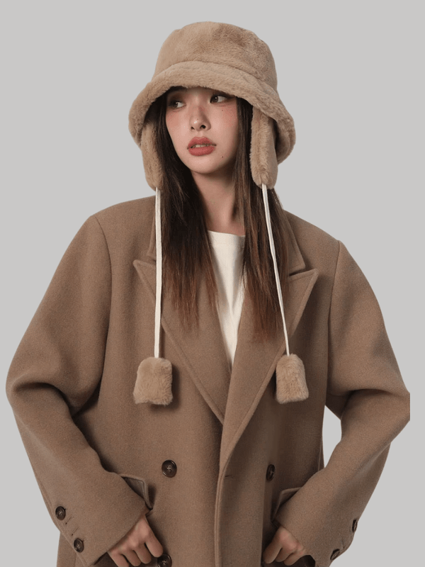 Women’s woman womens Winter Bomber warm bucket Golf cap Hiking fur Barrel Cotton fabric Ear protection caps hats Headwear in khaki brown