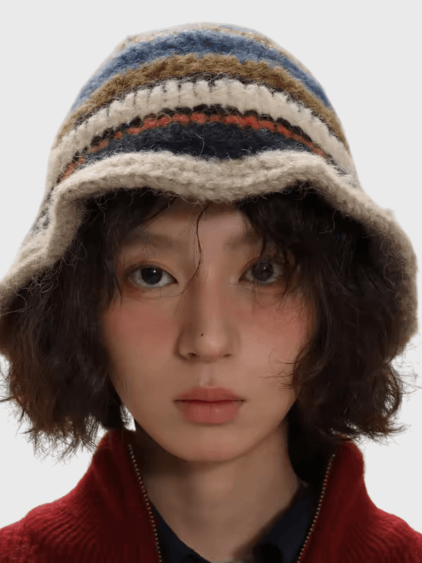Women’s woman womens Winter Korean Bohemian Boho Handmade Crochet Striped Retro Contrast Color Warm Knitted Fisherman Bucket Beanies Hat Girl Fashion Hats in multicolor cream headwear