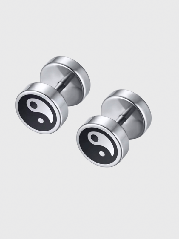 Chinese Yin and Yang Stud Earrings for Men Woman Jewelry Stainless Steel Round Tai Chi brinco masculino in silver with black white accent color