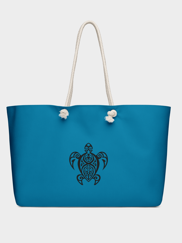 Oversized Hawaiian tribal Turtle with Wave branded cotton-blend twill, large everyday use, weekender bags in cerulean with black accent