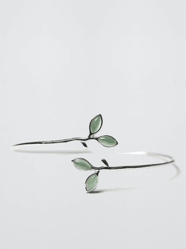 Women’s woman womens 925 Sterling Silver Simple Green Leaf Elegant Nature Girl Fashion Bracelets Bangle Jewelry Gift in silver with light green leaves accent color Jewellery