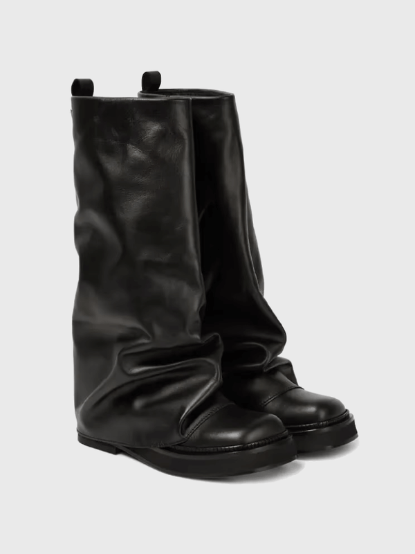 Women's woman womens Fall Autumn and Winter Genuine Leather Calf Boots with Pleated Thick High Heels and Fashionable Oversized Street Leather Mid Leg Boots in Black