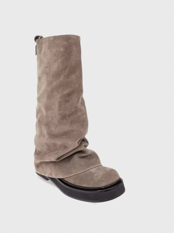 Women's woman womens Fall Autumn and Winter Suede Calf Boots with Pleated Thick High Heels and Fashionable Oversized Street Mid Leg Boots in Khaki sand dune coffee brown