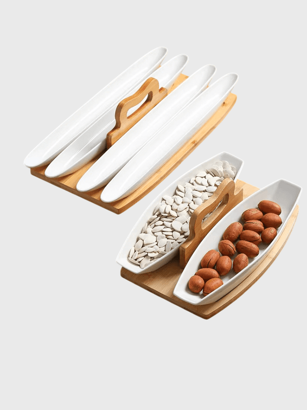 Ceramic Dining Plate Wedding Party Nut Candy Snack Restaurant Afternoon Tea Dessert Home Decor Fruit Platters with tray in white with natural light wood serveware