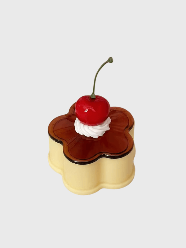 Japanese Kawaii anime Leche Flan Ancient dessert food Decoration Canned Desktop Cute Pudding Cabinet Desktop Storage Box Decoration Retro Props in yellow with brown and red cherry accent