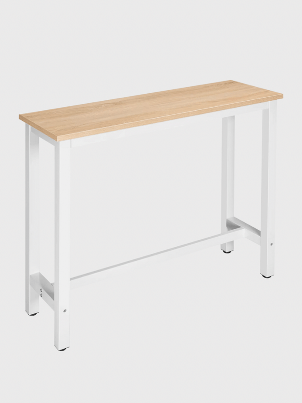 Counter Top Bar Table 120x40x100cm Coffee Breakfast Dining Kitchen Table Metal Legs with Footrest for Dining Room Living Room outdoor patio furniture in white with light oak wooden top