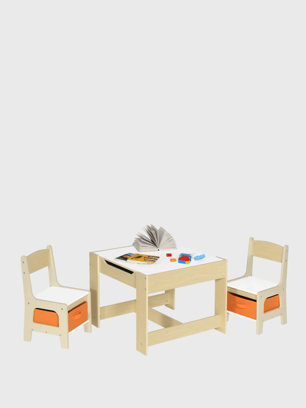 Kids Children's Wooden 1PC Activity Table with 2 Chairs Wooden Desk Stools Set for Preschoolers Boys Girls Activity Play Table Chairs in white with natural light wood