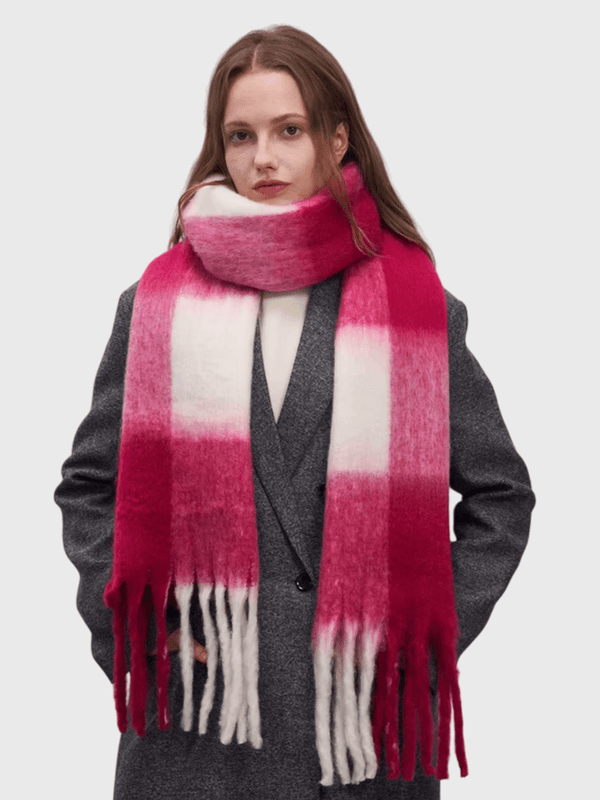 Women’s woman womens Big Grid Plaid Fringe Winter Thick Fake Cashmere Shawl Warm Soft Korean style Version Cozy Feel Scarf with tassels accessories Scarves accessory in Rose red white